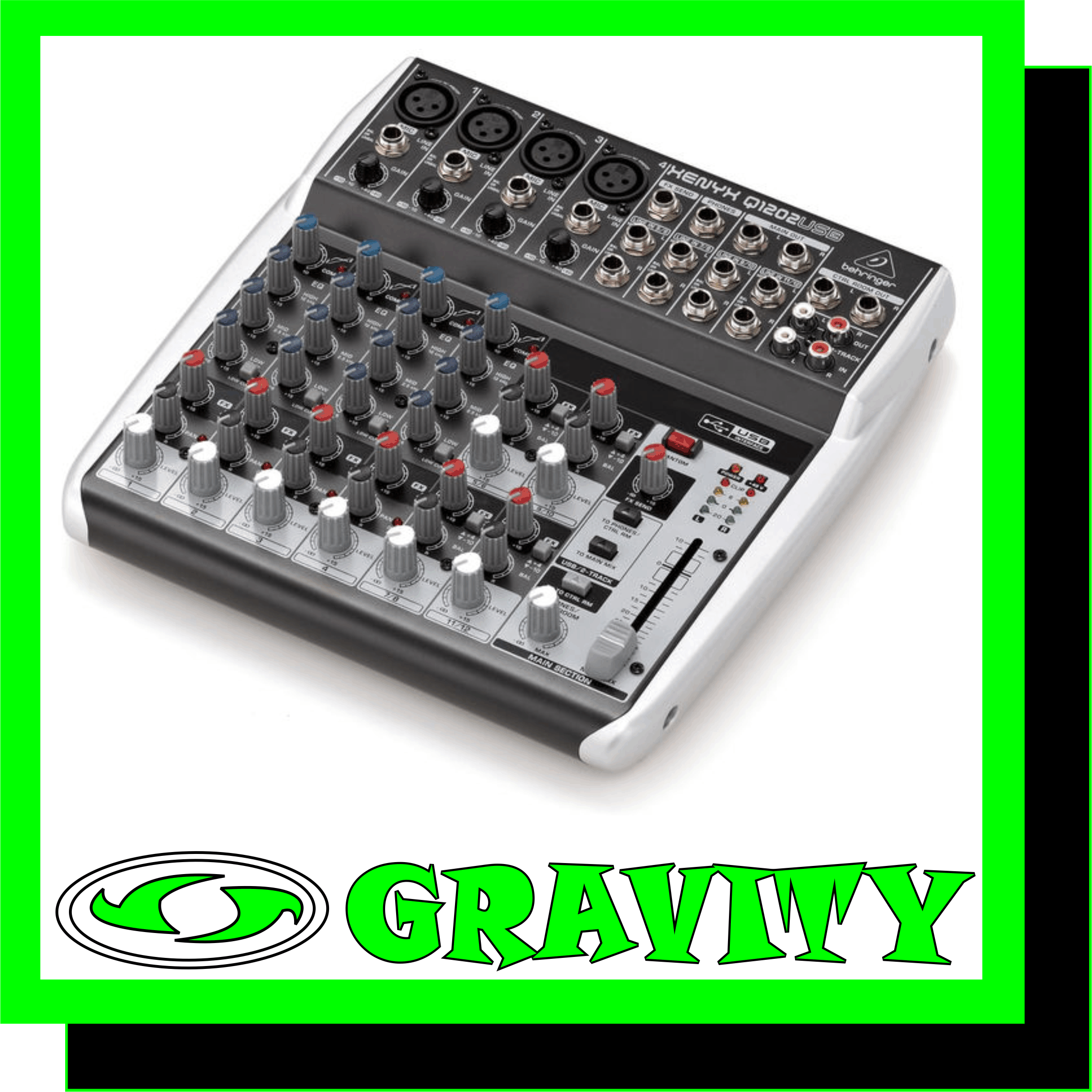  XENYX Q1202USB Premium 12-Input 2-Bus Mixer with XENYX Mic Preamps & Compressors, British EQs and USB/Audio Interface  Product Features: -Premium ultra-low noise, high headroom analog mixer -4 state-of-the-art XENYX Mic Preamps comparable to stand-alone boutique preamps -Studio-grade compressors with super-easy “one-knob” functionality and control LED for professional vocal and instrumental sound -Built-in stereo USB/Audio Interface to connect directly to your computer. Free audio recording, editing and podcasting software plus 150 instrument/effect plug-ins   downloadable at behringer.com -Neo-classic “British” 3-band EQs for warm and musical sound -1 post fader FX send per channel for external FX devices -Main mix outputs plus separate control room, phones and 2-Track outputs -2-Track inputs assignable to main mix or control room/phones outputs -FX to control room function helps to monitor effect signal via headphones and control room outputs -High-quality components and exceptionally rugged construction ensure long life -Conceived and designed by BEHRINGER Germany