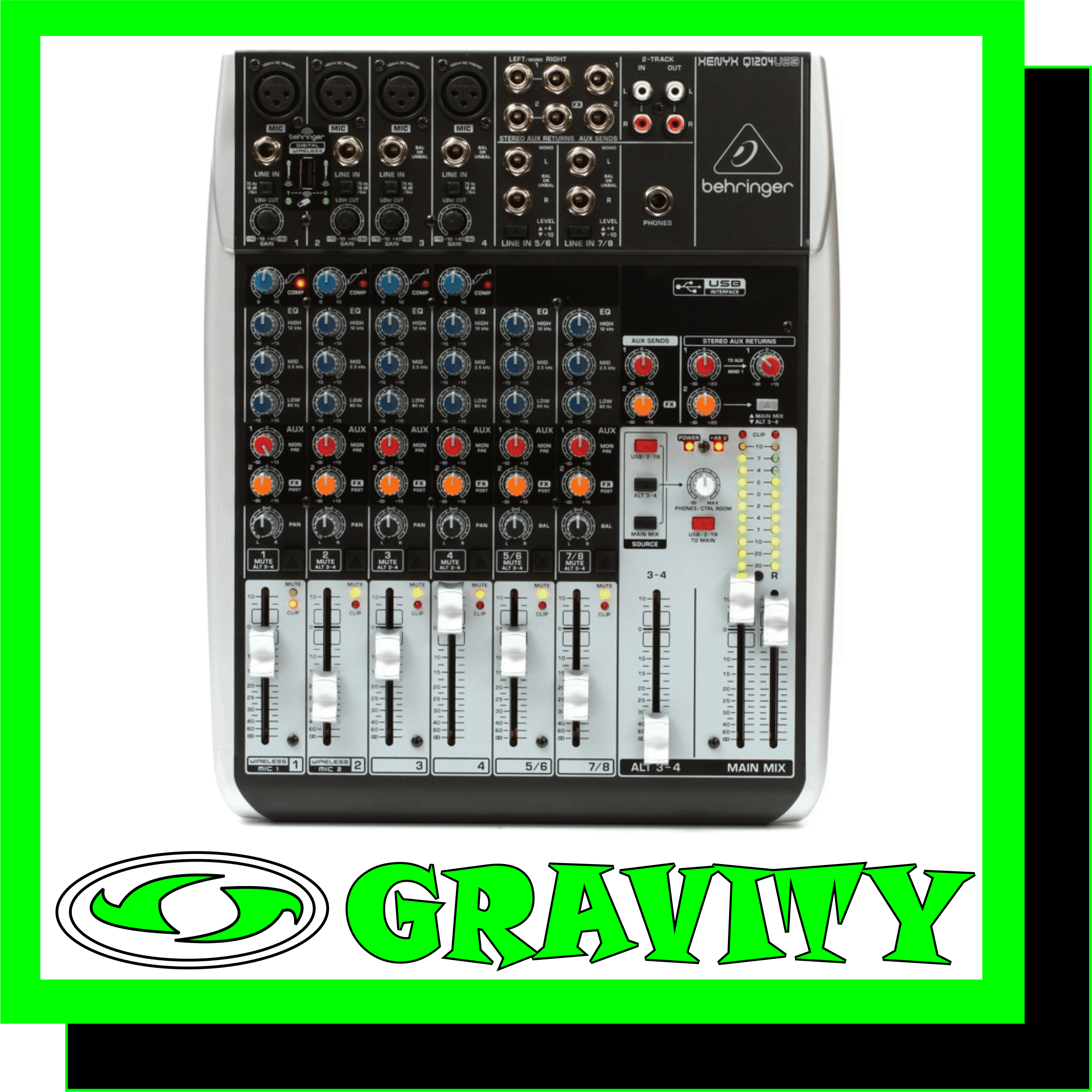 XENYX Q1204USB Premium 12-Input 2/2-Bus Mixer with XENYX Mic Preamps & Compressors, Wireless Option and USB/Audio Interface  Product Features: -Premium ultra-low noise, high headroom mixer -4 state-of-the-art, phantom-powered XENYX Mic Preamps comparable to stand-alone boutique preamps -4 studio-grade compressors with super-easy “one-knob” functionality and control LED for professional vocal and instrumental sound -“Wireless-ready” for high-quality BEHRINGER digital wireless system (not included) -Built-in stereo USB/Audio Interface to connect directly to your computer. Free audio recording, editing and podcasting software plus 150 instrument/effect plug-ins  downloadable at behringer.com -Neo-classic “British” 3-band EQs for warm and musical sound -2 aux sends per channel: 1 pre fader for monitoring applications, 1 post fader for external FX devices -Clip LEDs and mute/alt 3-4 function on all channels -2 subgroups with separate outputs for added routing flexibility -2 multi-functional stereo aux returns with flexible routing -Balanced main mix outputs with gold-plated XLR connectors plus separate control room, headphones and 2-track outputs -Control room/phones outputs with multi-input source matrix -Long-wearing 60-mm logarithmic-taper faders and sealed rotary controls -“Planet Earth” switching power supply for maximum flexibility (100 – 240 V~), noise-free audio, superior transient response plus low power consumption for energy saving -High-quality components and exceptionally rugged construction ensure long life -Conceived and designed by BEHRINGER Germany