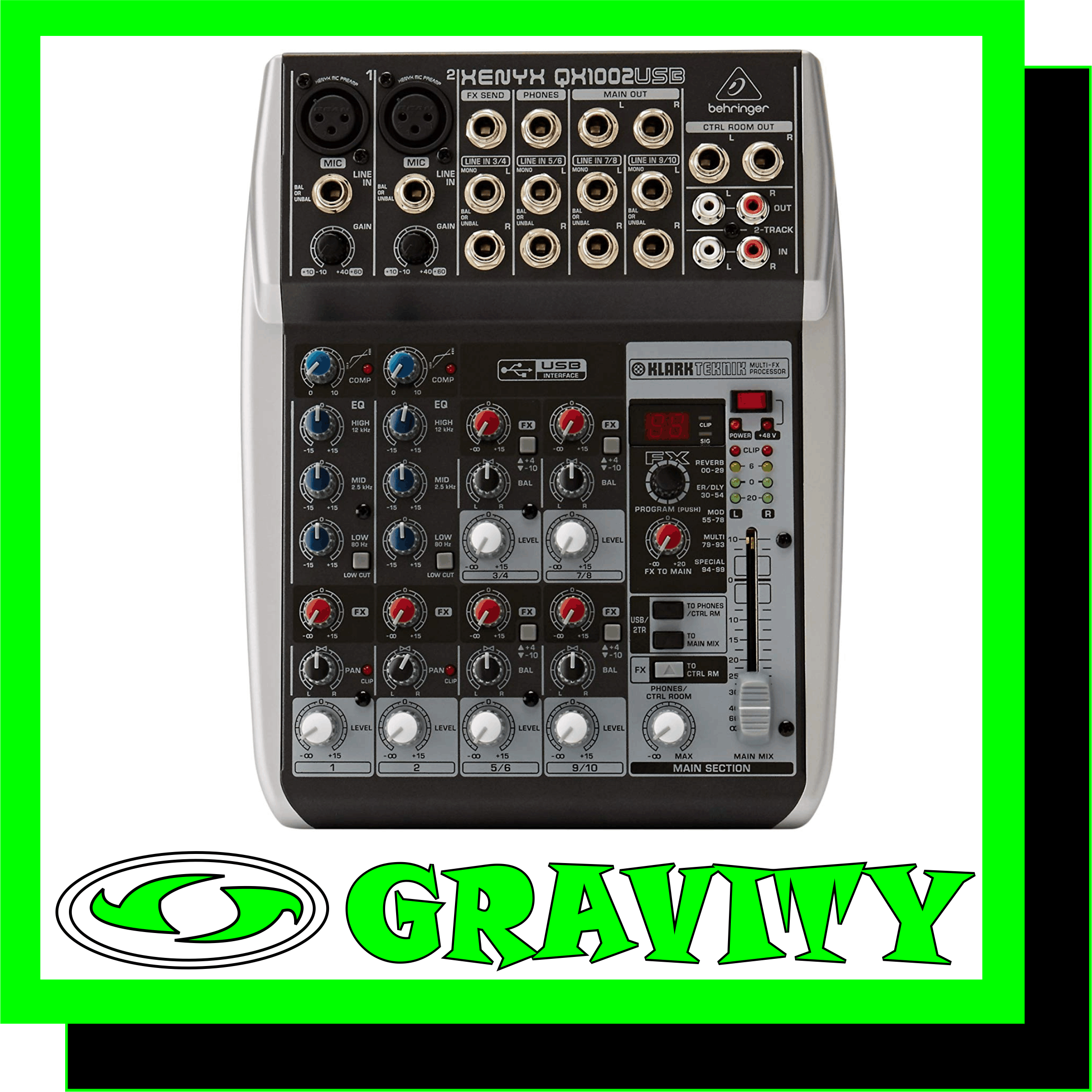 Behringer XENYX QX1002USB 10 input Mixer  Product Features: -Premium ultra-low noise, high headroom analog mixer -2 state-of-the-art XENYX Mic Preamps comparable to stand-alone boutique preamps -Studio-grade compressors with super-easy “one-knob” functionality and control -LED for professional vocal and instrumental sound -Ultra-high quality KLARK TEKNIK FX processor with 100 presets including reverb, -chorus, flanger, delay, pitch shifter and various multi-effects -Built-in stereo USB/Audio Interface to connect directly to your computer. Free -audio recording, editing and podcasting software plus 150 instrument/effect -plug-ins downloadable at behringer.com -Neo-classic “British” 3-band EQs for warm and musical sound -FX send control per channel for internal FX processor and/or as external send -Main mix outputs plus separate control room, phones and 2-Track outputs -2-Track inputs assignable to main mix or control room/phones outputs -High-quality components and exceptionally rugged construction ensure long life -Conceived and designed by BEHRINGER Germany  The compact QX1002USB mixer allows you to effortlessly achieve premium-quality sound, thanks to its 2 onboard studio-grade XENYX Mic Preamps and ultra-musical British channel EQs. And our easy-to-use one-knob compressors provide total dynamic control for the ultimate in punch and clarity, while respecting all the power and emotion you pack into every note. Add to this, the sweet forgiveness of our British-style EQs and a KLARK TEKNIK 24-Bit Multi-FX Processor with 100 presets including studio-class reverbs, delays, pitch shifter and various multi-effects and the QX1002USB becomes an incredibly versatile mixer for your live performances. But the XENYX QX1002USB isnt just designed to handle your live gigs; it also provides the state-of-the-art tools you need to make stunning, professional-quality recordings. Along with the built-in USB/audio interface, the QX1002USB comes with all the recording and editing software needed to turn your computer system into your own personal, high-performance home recording studio. BUY ONLINE AUDIO MART BID OR BUY