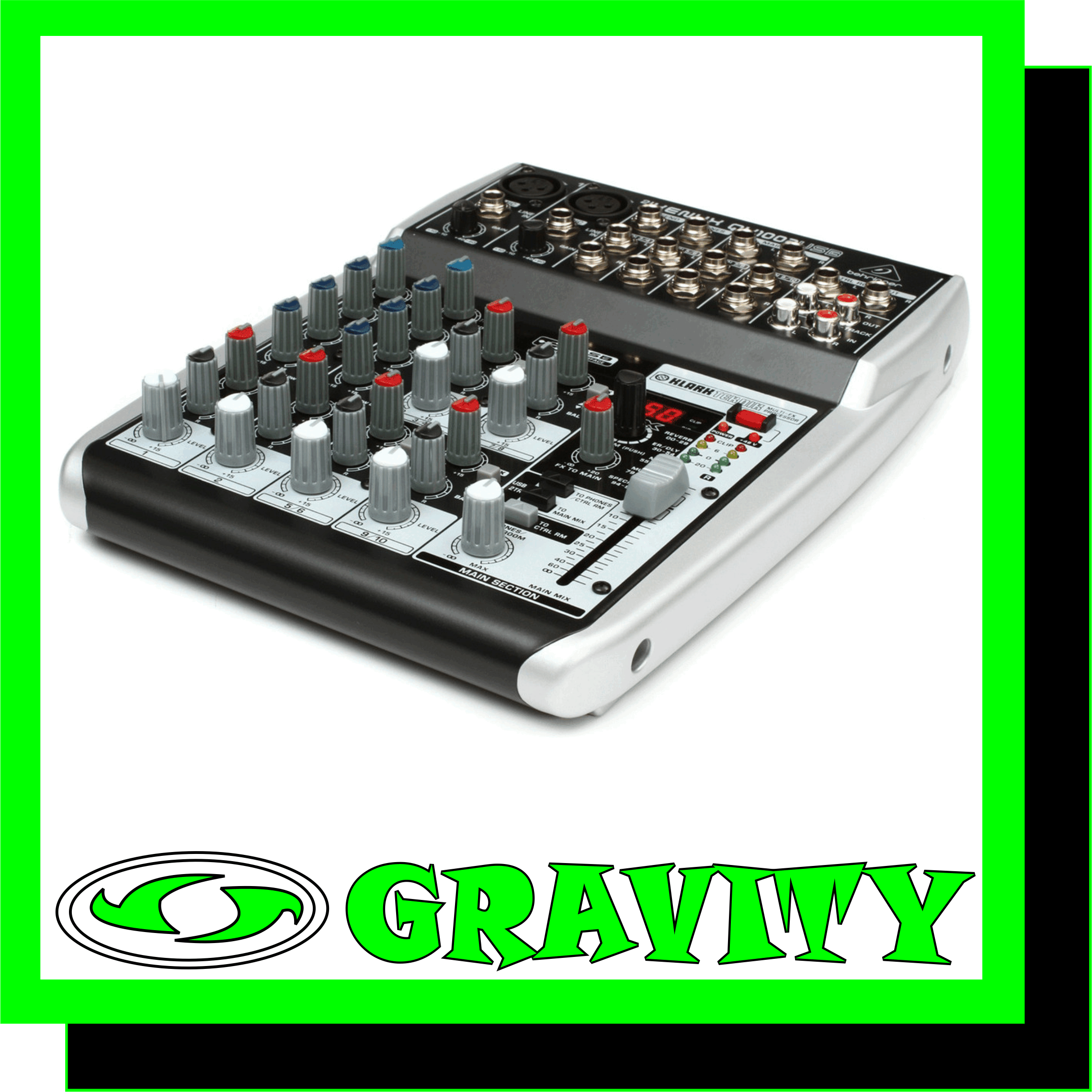 Behringer XENYX QX1002USB 10 input Mixer  Product Features: -Premium ultra-low noise, high headroom analog mixer -2 state-of-the-art XENYX Mic Preamps comparable to stand-alone boutique preamps -Studio-grade compressors with super-easy “one-knob” functionality and control -LED for professional vocal and instrumental sound -Ultra-high quality KLARK TEKNIK FX processor with 100 presets including reverb, -chorus, flanger, delay, pitch shifter and various multi-effects -Built-in stereo USB/Audio Interface to connect directly to your computer. Free -audio recording, editing and podcasting software plus 150 instrument/effect -plug-ins downloadable at behringer.com -Neo-classic “British” 3-band EQs for warm and musical sound -FX send control per channel for internal FX processor and/or as external send -Main mix outputs plus separate control room, phones and 2-Track outputs -2-Track inputs assignable to main mix or control room/phones outputs -High-quality components and exceptionally rugged construction ensure long life -Conceived and designed by BEHRINGER Germany  The compact QX1002USB mixer allows you to effortlessly achieve premium-quality sound, thanks to its 2 onboard studio-grade XENYX Mic Preamps and ultra-musical British channel EQs. And our easy-to-use one-knob compressors provide total dynamic control for the ultimate in punch and clarity, while respecting all the power and emotion you pack into every note. Add to this, the sweet forgiveness of our British-style EQs and a KLARK TEKNIK 24-Bit Multi-FX Processor with 100 presets including studio-class reverbs, delays, pitch shifter and various multi-effects and the QX1002USB becomes an incredibly versatile mixer for your live performances. But the XENYX QX1002USB isnt just designed to handle your live gigs; it also provides the state-of-the-art tools you need to make stunning, professional-quality recordings. Along with the built-in USB/audio interface, the QX1002USB comes with all the recording and editing software needed to turn your computer system into your own personal, high-performance home recording studio.