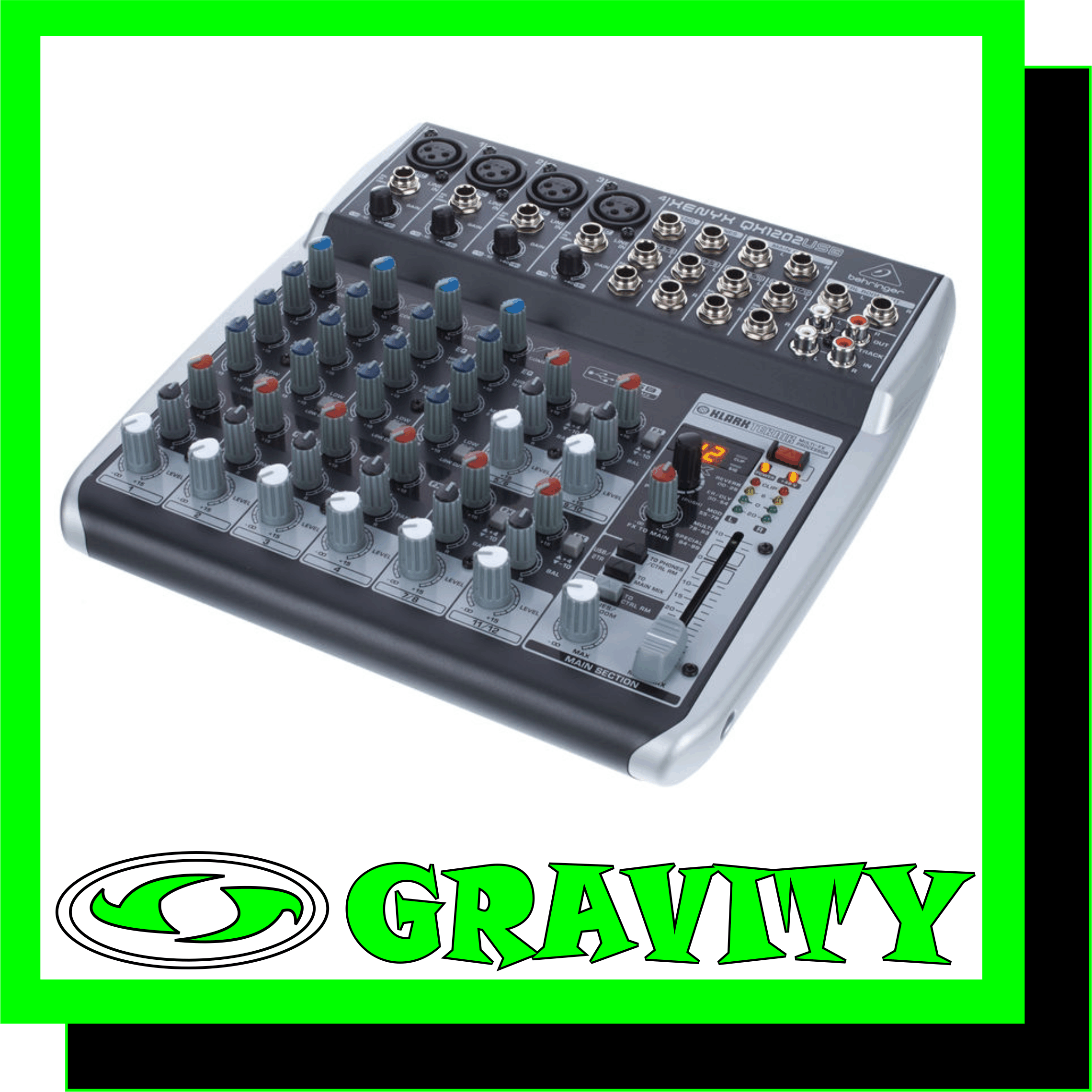 Behringer XENYX QX1202USB 12 input Mixer   Product Features: -Premium ultra-low noise, high headroom analog mixer -4 state-of-the-art XENYX Mic Preamps comparable to stand-alone boutique preamps -Studio-grade compressors with super-easy “one-knob” functionality and control -LED for professional vocal and instrumental sound -Ultra-high quality KLARK TEKNIK FX processor with 100 presets including reverb, -chorus, flanger, delay, pitch shifter and various multi-effects -Built-in stereo USB/Audio Interface to connect directly to your computer. Free -audio recording, editing and podcasting software plus 150 instrument/effect -plug-ins downloadable at behringer.com -Neo-classic “British” 3-band EQs for warm and musical sound -FX send control per channel for internal FX processor and/or as external send -Main mix outputs plus separate control room, phones and 2-Track outputs -2-Track inputs assignable to main mix or control room/phones outputs -High-quality components and exceptionally rugged construction ensure long life -Conceived and designed by BEHRINGER Germany  The compact QX1202USB mixer allows you to effortlessly achieve premium-quality sound, thanks to its 4 onboard studio-grade XENYX Mic Preamps and ultra-musical British channel EQs. And our easy-to-use one-knob compressors provide total dynamic control for the ultimate in punch and clarity, while respecting all the power and emotion you pack into every note. Add to this, the sweet forgiveness of our British-style EQs and a KLARK TEKNIK 24-bit, dual engine FX processor with 100 presets including reverb, chorus, flanger, delay, pitch shifter and various multi-effects and the QX1202USB becomes an incredibly versatile mixer for your live performances. But the XENYX QX1202USB isnt just designed to handle your live gigs; they also provide the state-of-the-art tools you need to make stunning, professional-quality recordings. Along with their built-in USB/audio interfaces, the QX1202USB comes with all the recording and editing software needed to turn your computer system into a complete, high-performance home recording studio.