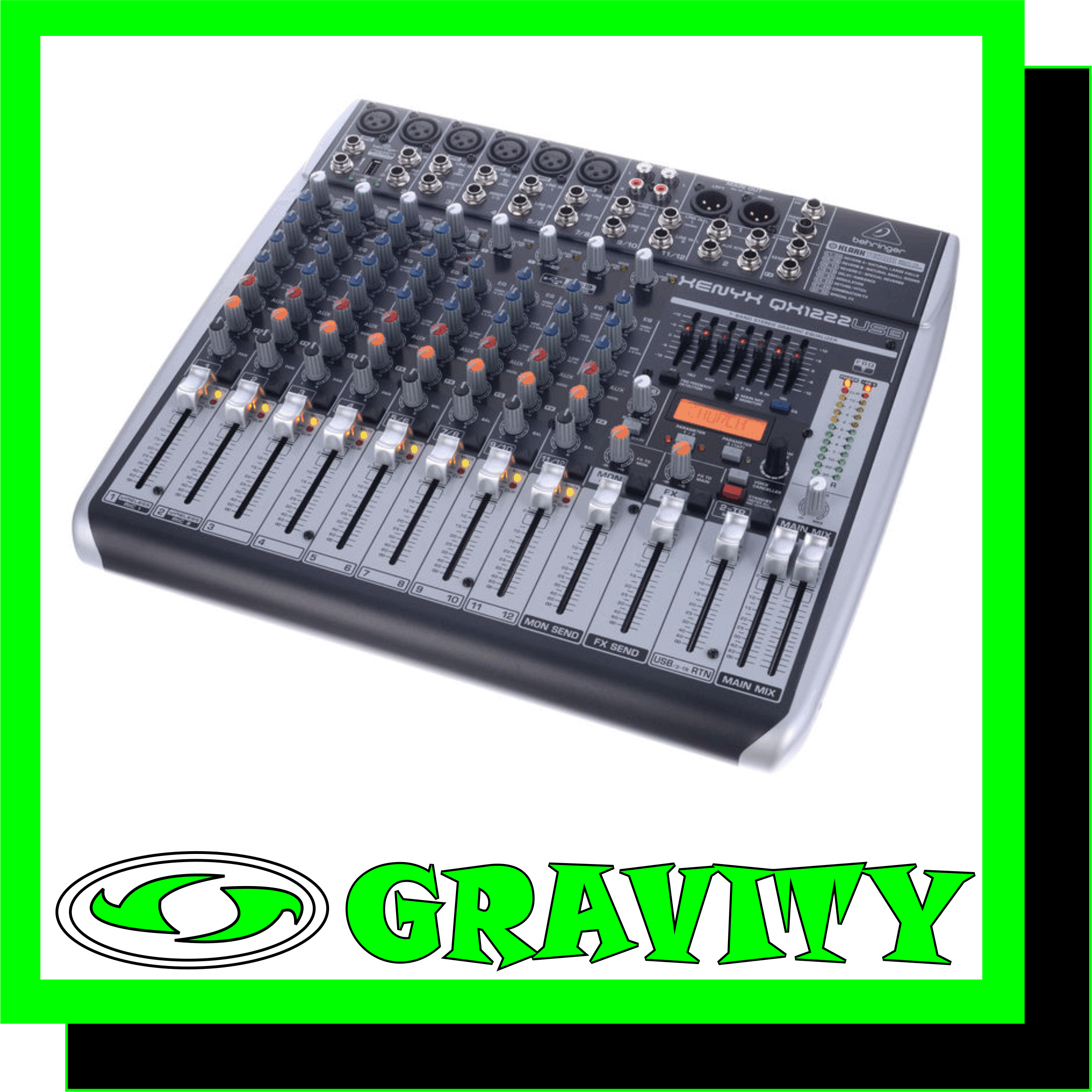 Behringer XENYX QX1222 USB 16 input Mixer  Product Features: -Premium ultra-low noise, high headroom mixer -4 state-of-the-art, phantom-powered XENYX Mic Preamps comparable to stand-alone boutique preamps -4 studio-grade compressors with super-easy “one-knob” functionality and control LED for professional vocal and instrumental sound -Ultra-high quality KLARK TEKNIK FX processor with LCD display, dual-parameters, Tap function and storable user parameter settings -“Wireless-ready” for high-quality BEHRINGER digital wireless system (not included) -Built-in stereo USB/Audio Interface to connect directly to your computer. Free audio recording, editing and podcasting software plus 150 instrument/effect plug-ins -downloadable at behringer.com -Neo-classic “British” 3-band EQs for warm and musical sound -7-band stereo graphic EQ allows precise frequency correction of monitor or main mixes -Revolutionary FBQ Feedback Detection System instantly reveals critical frequencies -Breathtaking XPQ 3D stereo surround effect for more vitality and enhanced stereo image -Voice Canceller function for easy-to-use sing-along applications -4 fully equipped stereo input channels featuring 2 additional mic inputs on channels 5/6 and 7/8, 3-band EQ and input trim control -Channel inserts on each mono channel for flexible connection of outboard equipment -2 aux sends per channel: 1 pre fader for monitoring, 1 post fader (for internal FX and/or as external send); 2 multi-functional stereo aux returns -Balanced main mix outputs with gold-plated XLR connectors, headphone/control room output and stereo rec outputs -Long-wearing 60-mm logarithmic-taper faders and sealed rotary controls -“Planet Earth” switching power supply for maximum flexibility (100 – 240 V~), noise-free audio, superior transient response plus low power consumption for energy saving -High-quality components and exceptionally rugged construction ensure long life -Conceived and designed by BEHRINGER Germany