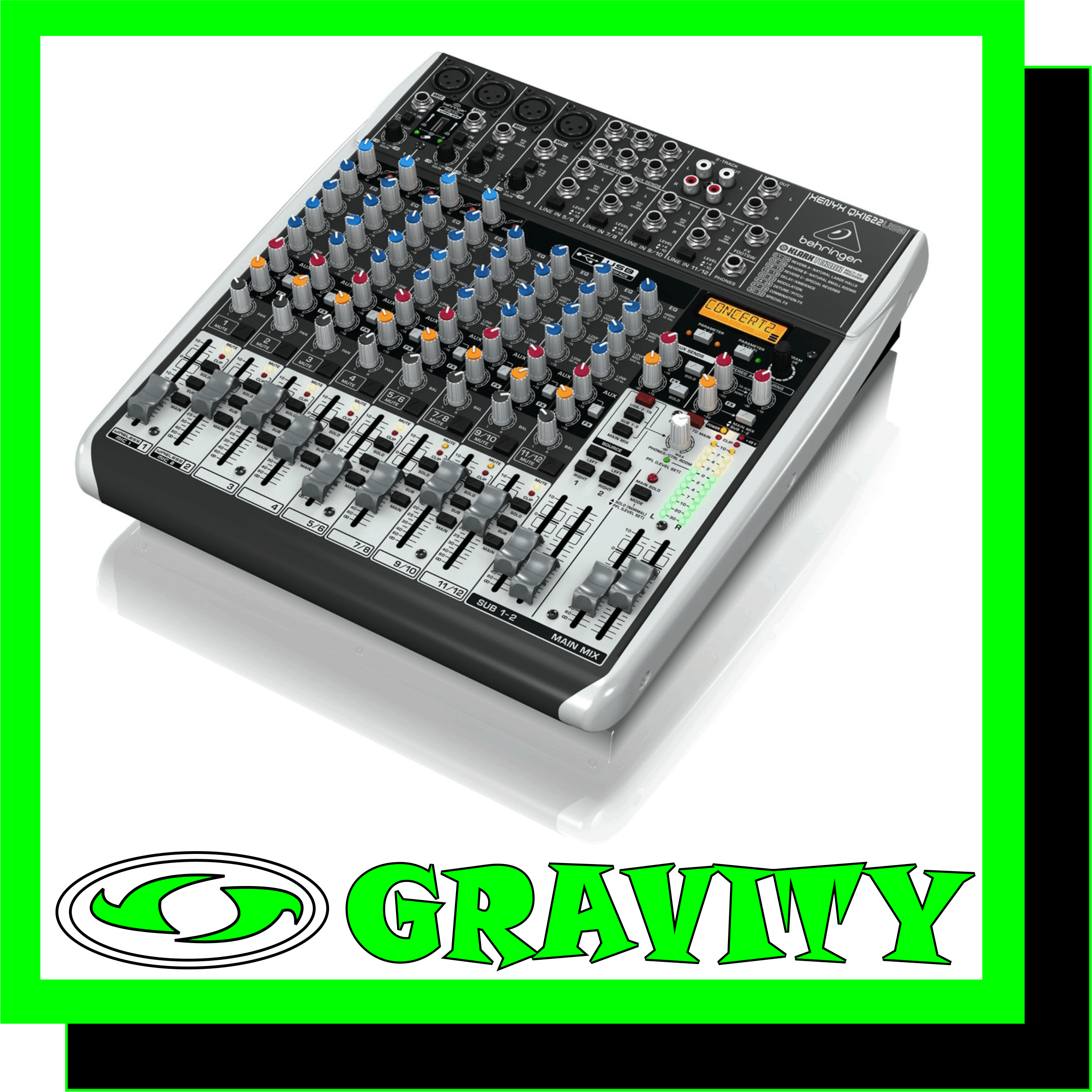 Behringer XENYX QX1622USB 16 Input Mixer  Product Features: -Premium ultra-low noise, high headroom mixer -4 state-of-the-art, phantom-powered XENYX Mic Preamps comparable to stand-alone boutique preamps -4 studio-grade compressors with super-easy “one-knob” functionality and control LED for professional vocal and instrumental sound -Ultra-high quality KLARK TEKNIK FX processor with LCD display, dual-parameters, Tap function and storable user parameter settings -“Wireless-ready” for high-quality BEHRINGER digital wireless system (not included) -Built-in stereo USB/Audio Interface to connect directly to your computer. Free audio recording, editing and podcasting software plus 150 instrument/effect plug-ins -downloadable at behringer.com -Neo-classic “British” 3-band EQs with semi-parametric mid band for warm and musical sound -Channel inserts on each mono channel for flexible connection of outboard equipment -2 aux sends per channel: 1 pre/post fader switchable for monitoring/FX applications, 1 post fader (for internal FX or as external send) -Clip LEDs, mute, main mix and subgroup routing switches, solo and PFL functions on all channels -2 subgroups with separate outputs for added routing flexibility; 2 multi-functional stereo aux returns with flexible routing -Main mix outputs with ¼” jack and gold-plated XLR connectors, separate control room, headphones and stereo rec outputs -Control room/phones outputs with multi-input source matrix; rec inputs assignable to main mix or control room/phones outputs -Long-wearing 60-mm logarithmic-taper faders and sealed rotary controls -“Planet Earth” switching power supply for maximum flexibility (100 – 240 V~), noise-free audio, superior transient response plus low power consumption for energy saving -High-quality components and exceptionally rugged construction ensure long life -Conceived and designed by BEHRINGER Germany  The compact XENYX QX1622USB mixer allows you to effortlessly achieve premium-quality sound, thanks to its 4 onboard studio-grade XENYX Mic Preamps, super-easy one- knob studio-grade compressors and ultra-musical British channel EQs with semi-parametric mid band for warm and musical sound. And our easy-to-use one-knob compressors provide total dynamic control for the ultimate in punch and clarity, while respecting all the power and emotion you pack into every note. Add to this our KLARK TEKNIK FX processor with 32 studio-grade presets with dual addressable parameters, Tap function and storable user parameter settings and the QX1622USB becomes an incredibly versatile mixer for your live performances. But the XENYX QX1622USB isnt just designed to handle your live gigs; they also provide the state-of-the-art tools you need to make stunning, professional-quality recordings. Along with their built-in USB/audio interfaces, XENYX QX1622USB comes with all the recording and editing software needed to turn your computer system into a complete, high- performance home recording studio.