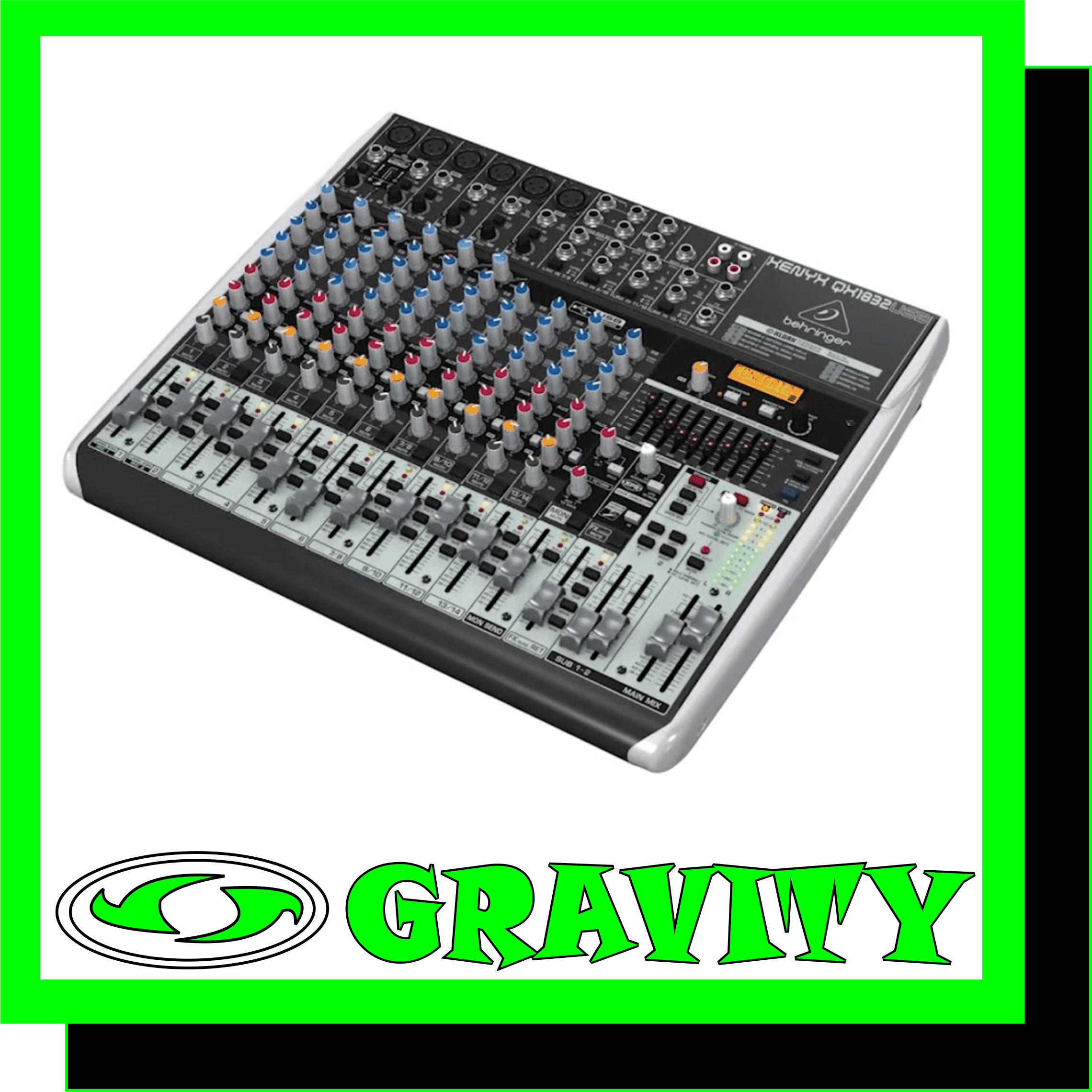 XENYX QX1832USB Premium 18-Input 3/2-Bus Mixer with XENYX Mic Preamps & Compressors, KLARK TEKNIK Multi-FX Processor, Wireless Option and USB/Audio Interface  Product Features: -Premium ultra-low noise, high headroom mixer -6 state-of-the-art, phantom-powered XENYX Mic Preamps comparable to stand-alone boutique preamps -6 studio-grade compressors with super-easy “one-knob” functionality and control LED for professional vocal and instrumental sound -Ultra-high quality KLARK TEKNIK FX processor with LCD display, dual-parameters, Tap function and storable user parameter settings -“Wireless-ready” for high-quality BEHRINGER digital wireless system (not included) -Built-in stereo USB/Audio Interface to connect directly to your computer. Free audio recording, editing and podcasting software plus 150 instrument/effect plug-ins    downloadable at behringer.com -Neo-classic “British” 3-band EQs with semi-parametric mid band for warm and musical sound -9-band stereo graphic EQ allows precise frequency correction of monitor or main mixes -Revolutionary FBQ Feedback Detection System instantly reveals critical frequencies -Breathtaking XPQ 3D stereo surround effect for more vitality and enhanced stereo image -Voice Canceller function for easy-to-use sing-along applications -Channel inserts on each mono channel for flexible connection of outboard equipment -3 aux sends per channel: 1 pre fader for monitoring, 1 pre/post fader switchable for monitoring/FX applications, 1 post fader (for internal FX or as external send) -Clip LEDs, mute, main mix and subgroup routing switches, solo and PFL functions on all channels -2 subgroups with separate outputs for added routing flexibility and 2 multi-functional stereo aux returns with flexible routing -Balanced main mix outputs with gold-plated XLR connectors, headphone/control room output and stereo rec outputs -Long-wearing 60-mm logarithmic-taper faders and sealed rotary controls -“Planet Earth” switching power supply for maximum flexibility (100 – 240 V~), noise-free audio, superior transient response plus low power consumption for energy saving -High-quality components and exceptionally rugged construction ensure long life -Conceived and designed by BEHRINGER Germany
