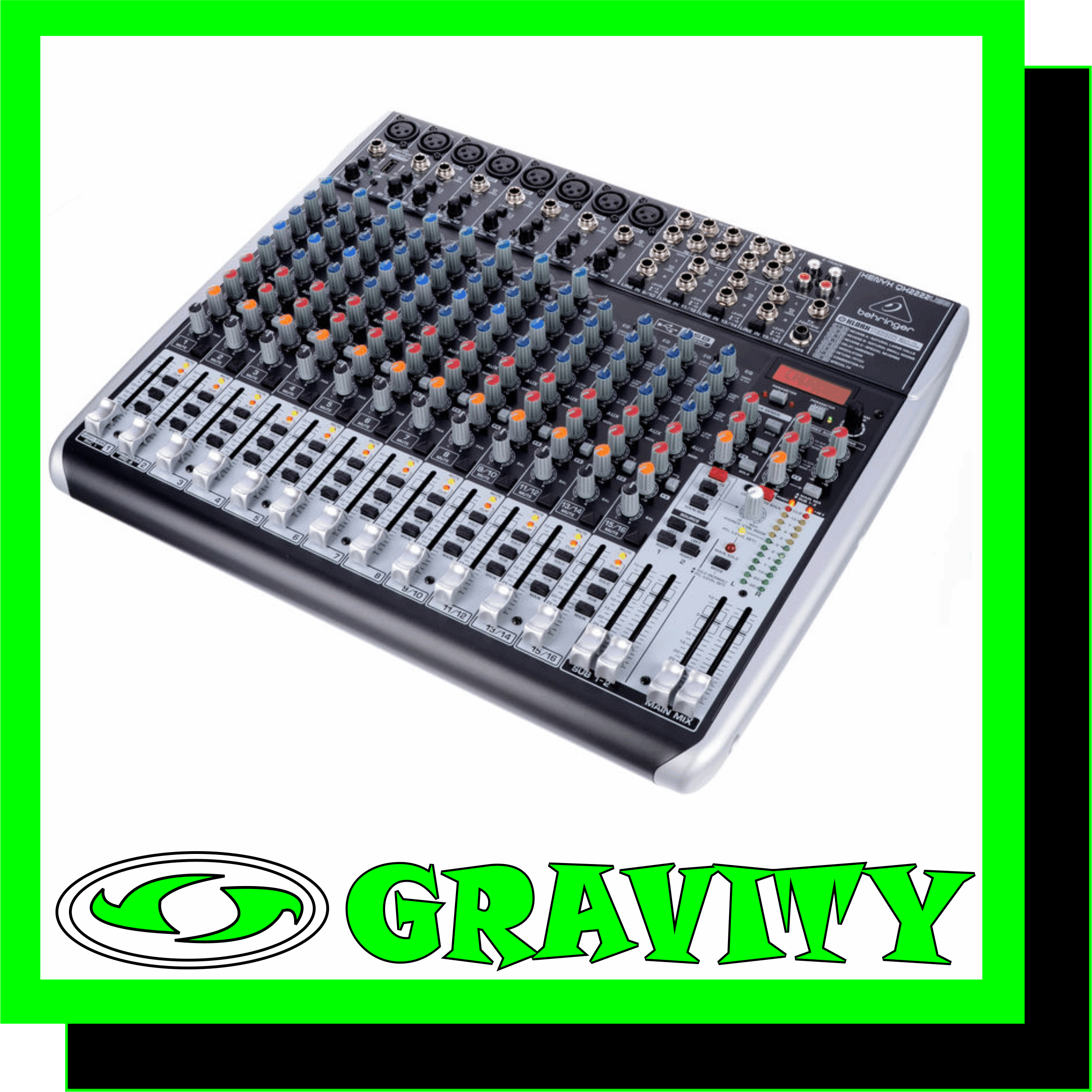 Behringer XENYX QX2222USB Premium 22-Input 2-2-Bus Mixer  Product Features: -Premium ultra-low noise, high headroom mixer -8 state-of-the-art, phantom-powered XENYX Mic Preamps comparable to stand-alone boutique preamps -8 studio-grade compressors with super-easy “one-knob” functionality and control LED for professional vocal and instrumental sound -Ultra-high quality KLARK TEKNIK FX processor with LCD display, dual-parameters, Tap function and storable user parameter settings -“Wireless-ready” for high-quality BEHRINGER digital wireless system (not included) -Built-in stereo USB/Audio Interface to connect directly to your computer. Free audio recording, editing and podcasting software plus 150 instrument/effect plug-ins  downloadable at behringer.com -Neo-classic “British” 3-band EQs with semi-parametric mid band for warm and musical sound -Channel inserts on each mono channel for flexible connection of outboard equipment -3 aux sends per channel: 1 pre fader for monitoring, 1 pre/post fader switchable for monitoring/FX applications, 1 post fader (for internal FX or as external send) -Clip LEDs, mute, main mix and subgroup routing switches, solo and PFL functions on all channels -2 subgroups with separate outputs for added routing flexibility; 3 multi-functional stereo aux returns with flexible routing -Balanced main mix outputs with ¼” jack and gold-plated XLR connectors, separate control room, headphones and stereo rec outputs -Control room/phones outputs with multi-input source matrix; rec inputs assignable to main mix or control room/phones outputs -Long-wearing 60-mm logarithmic-taper faders and sealed rotary controls -“Planet Earth” switching power supply for maximum flexibility (100 – 240 V~), noise-free audio, superior transient response plus low power consumption for energy saving -High-quality components and exceptionally rugged construction ensure long life -Conceived and designed by BEHRINGER Germany  The feature-packed XENYX QX2222USB mixer allows you to effortlessly achieve premium-quality sound thanks to its 8 onboard studio- grade XENYX Mic Preamps and ultra- musical 'British' channel EQs with a semi-parametric mid band for warm and musical sound. And our easy-to-use 'one-knob' compressors provide total dynamic control for the ultimate in punch and clarity, while respecting all the power and emotion you pack into every note. Add to this our KLARK TEKNIK FX processor with 32 studio-grade presets with dual addressable parameters, Tap function and storable user parameter settings and the QX2222USB becomes an incredibly versatile mixer for your live performances. But XENYX QX2222USB isnand#8242;t just designed to ha ndle your live gigs; they also provide the state-of-the-art tools you need to make stunning, professional- quality recordings. Along with their built-in USB/audio interfaces, XENYX USB mixers come with all the recording and editing software needed to turn your computer system into a complete, high-performance home recording studio.