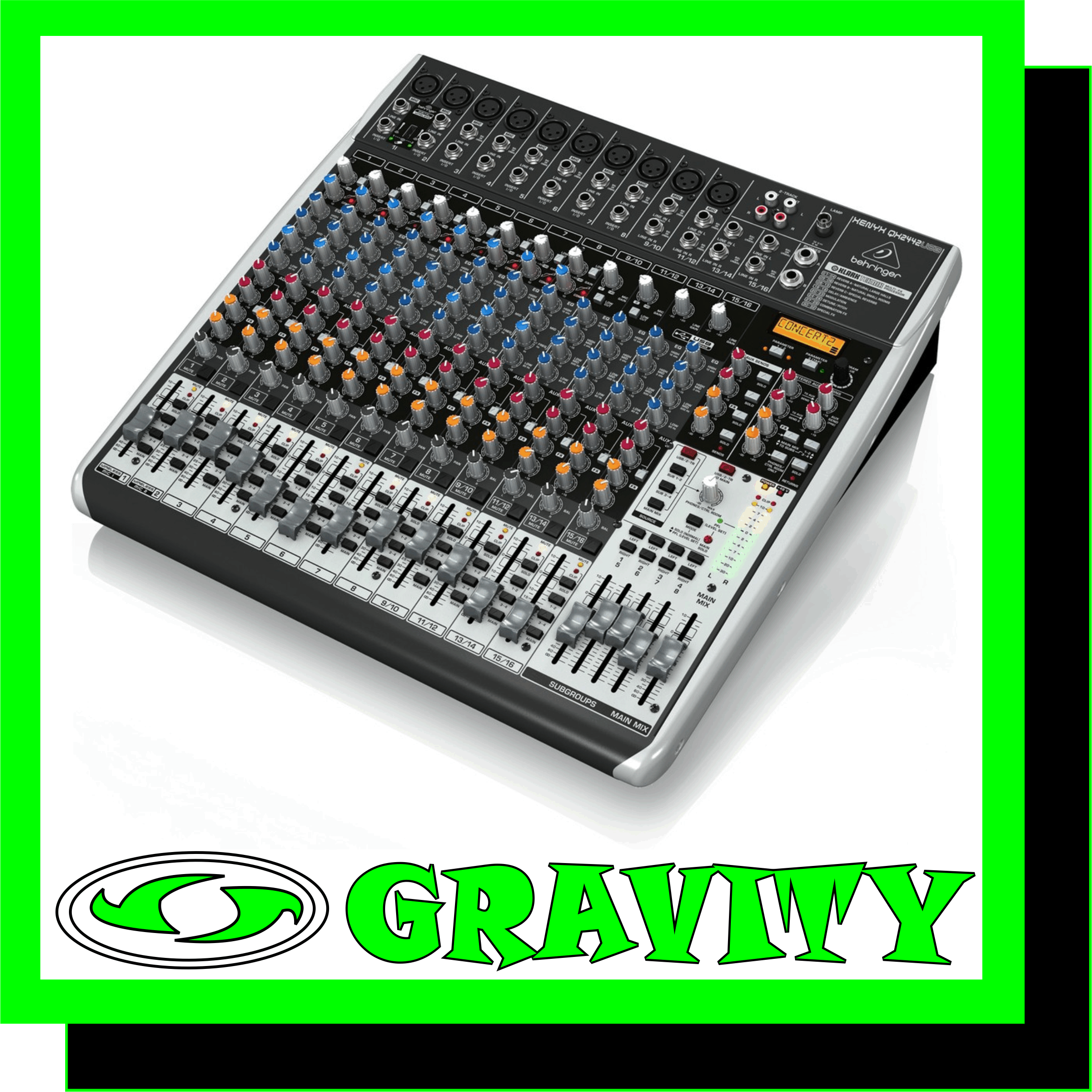 Behringer XENYX QX2442USB 24-Input 4/2-Bus Mixer with XENYX Mic  Product Features: -Premium ultra-low noise, high headroom mixer -10 state-of-the-art, phantom-powered XENYX Mic Preamps comparable to stand-alone boutique preamps -8 studio-grade compressors with super-easy “one-knob” functionality and control LED for professional vocal and instrumental sound -Ultra-high quality KLARK TEKNIK FX processor with LCD display, dual-parameters, Tap function and storable user parameter settings -“Wireless-ready” for high-quality BEHRINGER digital wireless system (not included) -Built-in stereo USB/Audio Interface to connect directly to your computer. Free audio recording, editing and podcasting software plus 150 instrument/effect plug-ins  downloadable at behringer.com -Neo-classic “British” 3-band EQs with semi-parametric mid band for warm and musical sound -Channel inserts and direct outputs on each mono channel plus main mix inserts for flexible connection of outboard equipment -4 aux sends per channel: 2 pre/post fader switchable for monitoring/FX applications, 2 post fader (for internal FX or as external send) -Clip LEDs, mute, main mix and subgroup routing switches, solo and PFL functions on all channels -4 subgroups with separate outputs for added routing flexibility; 4 multi-functional stereo aux returns with flexible routing -Control room/phones outputs with multi-input source matrix; rec inputs assignable to main mix or control room/phones outputs -Long-wearing 60-mm logarithmic-taper faders and sealed rotary controls -“Planet Earth” switching power supply for maximum flexibility (100 – 240 V~), noise-free audio, superior transient response plus low power consumption for energy saving -High-quality components and exceptionally rugged construction ensure long life -Conceived and designed by BEHRINGER Germany  The feature-packed XENYX QX2442USB mixer allows you to effortlessly achieve premium-quality sound thanks to its 10 onboard studio-grade XENYX Mic Preamps and ultra-musical British channel EQs with a semi-parametric mid band for warm and musical sound. And our easy-to-use one-knob compressors provide total dynamic control for the ultimate in punch and clarity. while respecting all the power and emotion you pack into every note. Add to this our KLARK TEKNIK FX processor with 32 studio-grade presets with dual addressable parameters. Tap function and storable user parameter settings and the QX2442USB becomes an incredibly versatile mixer for your live performances. But XENYX QX2442USB isnt just designed to handle your live gigs; they also provide the state-of-the-art tools you need to make stunning. professional- quality recordings. Along with their built-in USB/audio interfaces. the XENYX QX2442USB comes with all the recording and editing software needed to turn your computer system into a complete. high-performance home recording studio.