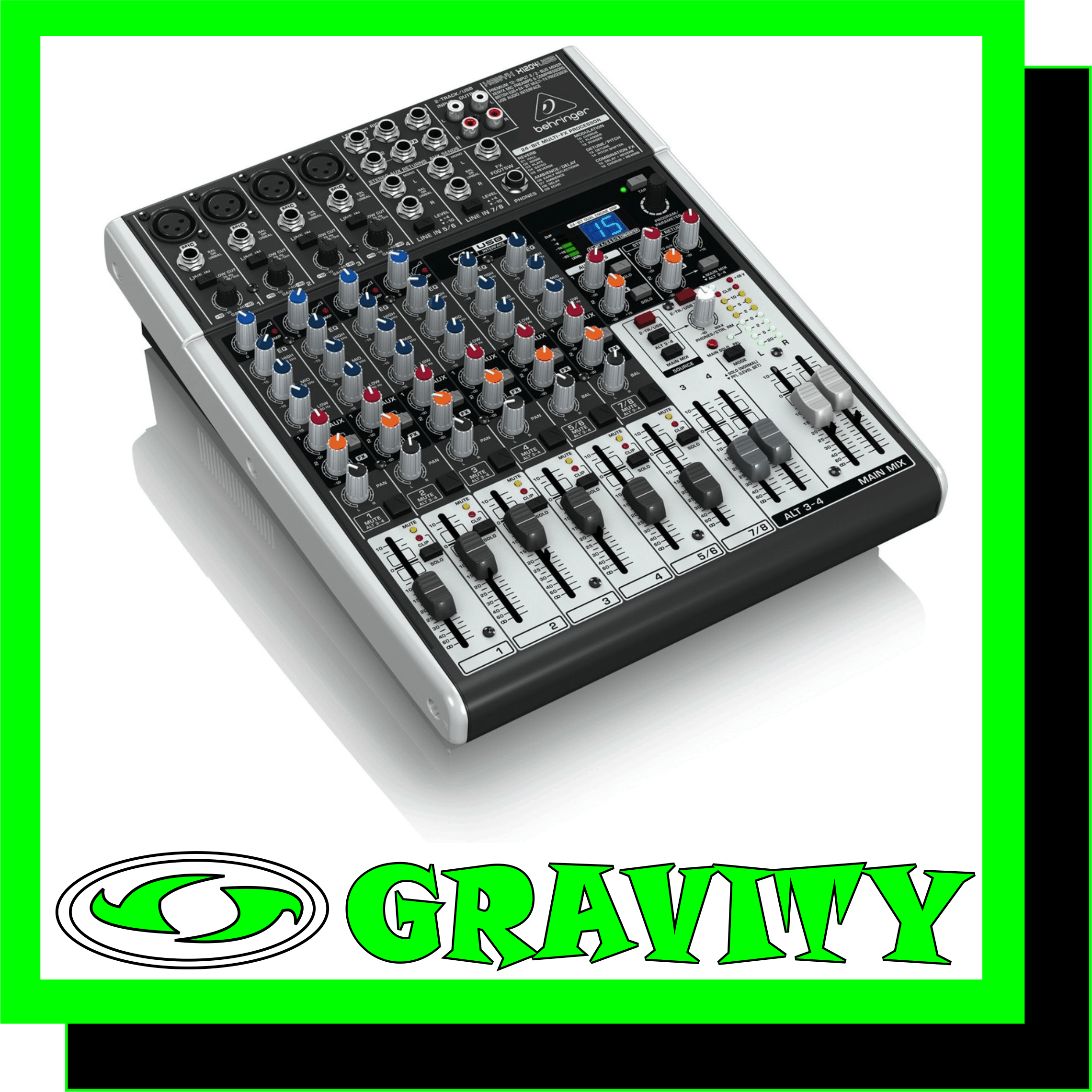 Behringer XENYX X1204USB 12-Input 2/2-Bus Mixer   Product Features: -Premium ultra-low noise, high headroom mixer -4 state-of-the-art, phantom-powered XENYX Mic Preamps comparable to stand-alone boutique preamps -4 studio-grade compressors with super-easy “one-knob” functionality and control LED for professional vocal and instrumental sound -Ultra-high quality KLARK TEKNIK FX processor with LCD display, dual-parameters, Tap function and storable user parameter settings -“Wireless-ready” for high-quality BEHRINGER digital wireless system (not included) -Built-in stereo USB/Audio Interface to connect directly to your computer. Free audio recording, editing and podcasting software plus 150 instrument/effect plug-ins     downloadable at behringer.com -Neo-classic “British” 3-band EQs for warm and musical sound -2 aux sends per channel: 1 pre/post fader switchable for monitoring/FX applications, 1 post fader (for internal FX or as external send) -Clip LEDs, mute/alt 3-4, solo and PFL functions on all channels -2 subgroups with separate outputs for added routing flexibility -2 multi-functional stereo aux returns with flexible routing -Balanced main mix outputs with gold-plated XLR connectors plus separate control room, headphones and 2-track outputs -Control room/phones outputs with multi-input source matrix -Long-wearing 60-mm logarithmic-taper faders and sealed rotary controls -“Planet Earth” switching power supply for maximum flexibility (100 – 240 V~), noise-free audio, superior transient response plus low power consumption for energy saving -High-quality components and exceptionally rugged construction ensure long life Conceived and designed by BEHRINGER Germany  The compact X1204USB mixer allows you to effortlessly achieve premium-quality sound, thanks to 4 onboard studio-grade XENYX Mic Preamps and ultra-musical British channel EQs. And our easy-to-use one-knob compressors provide total dynamic control for the ultimate in punch and clarity, while respecting all the power and emotion you pack into every note. Add to this our 24-bit, dual engine Multi-FX processor with 16 editable, professional-grade presets including reverb, chorus, flanger, delay, pitch shifter and multi-effects and the X1204USB becomes an incredibly versatile mixer for your live performances. But the X1204USB wasnt just designed to handle your live gigs; it also provides the state-of-the-art tools you need to make stunning, professional-quality recordings. Along with a built-in USB/audio interface, the XENYX X1204USB comes with all the recording and editing software needed to turn your computer into a complete, high-performance home recording studio.