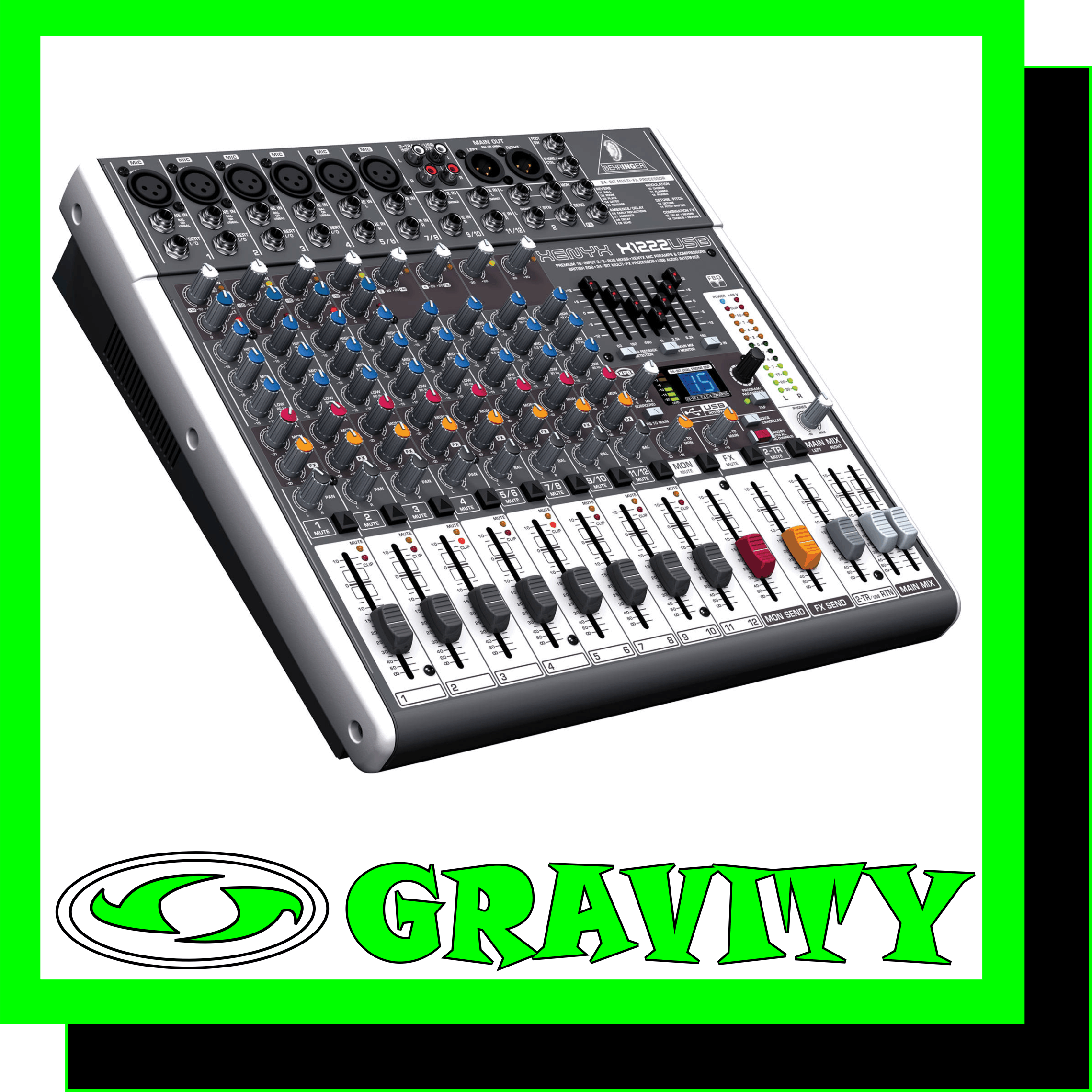 Behringer XENYX X1222USB 16-Input 2/2-Bus Mixer  The compact XENYX X1222USB mixer allows you to effortlessly achieve premium-quality sound. Channels 1 - 4 feature our XENYX Mic Preamps, renowned for their pristine performance, plus 2 of the 4 stereo channels accept XLR inputs, as well as Line-Level sources. All mono channels get our ultra-musical British 3-band EQs and easyto- use one-knob compressors for the ultimate in punch and clarity. Add to this our 24-bit, dual engine Multi-FX processor with 16 editable, professional-grade presets that include reverb, chorus, flanger, delay, pitch shifter and multi-effects and the X1222USB becomes an incredibly versatile mixer for your live performances. But the XENYX X1222USB wasnt just designed to handle your live gigs; it also provides the state-of-the-art tools you need to make stunning, professional-quality recordings. Along with their built-in USB/audio interfaces, the XENYX X1222USB comes with all the recording and editing software needed to turn your computer system into a complete, high-performance home recording studio.