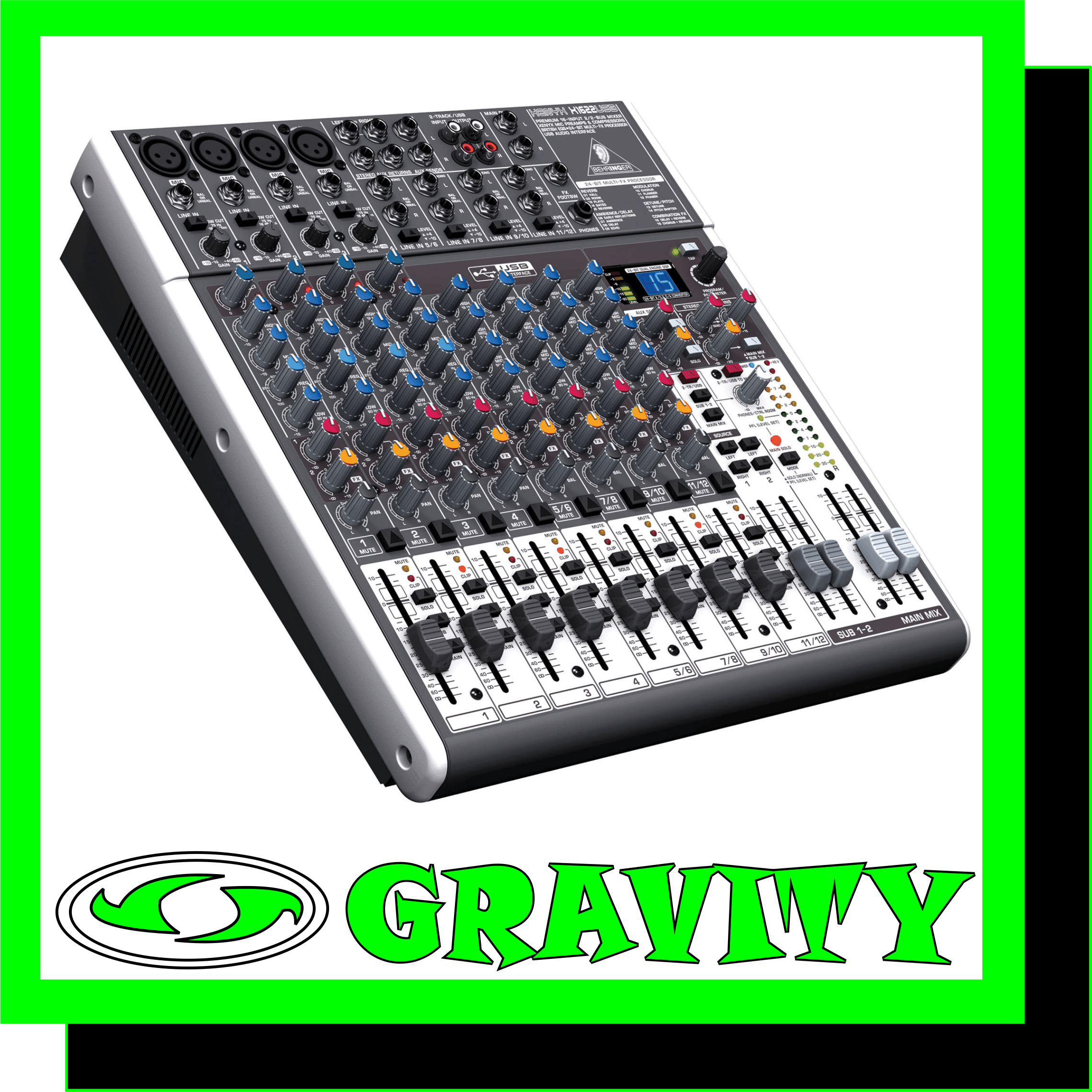 XENYX X1622USB  Product Features: -Premium ultra-low noise, high headroom analog mixer -4 state-of-the-art, phantom-powered XENYX Mic Preamps comparable to stand-alone boutique preamps -4 studio-grade compressors with super-easy “one-knob” functionality and control LED for professional vocal and instrumental sound -Neo-classic “British” 3-band EQs with semi-parametric mid band for warm and musical sound -New studio-grade FX processor with 16 editable presets including reverb, chorus, flanger, delay, pitch shifter, multi-effects, Tap function and storable user parameter  settings -Built-in stereo USB/Audio Interface to connect directly to your computer. Free audio recording, editing and podcasting software plus 150 instrument/effect plug-ins and -ultra-low latency driver downloadable at www.behringer.com -Channel inserts on each mono channel for flexible connection of outboard equipment -2 aux sends per channel: 1 pre/post fader switchable for monitoring/FX applications, 1 post fader (for internal FX or as external send) -Clip LEDs, mute, main mix and subgroup routing switches, solo and PFL functions on all channels -2 subgroups with separate outputs for added routing flexibility; 2 multi-functional stereo aux returns with flexible routing -Main mix outputs with ¼” jack and gold-plated XLR connectors, separate control room, headphones and stereo rec outputs -Control room/phones outputs with multi-input source matrix; rec inputs assignable to main mix or control room/phones outputs -Long-wearing 60-mm logarithmic-taper faders and sealed rotary controls -“Planet Earth” switching power supply for maximum flexibility (100 – 240 V~), noise-free audio, superior transient response plus low power consumption for energy saving -Rack mount brackets included for ultimate flexibility- -High-quality components and exceptionally rugged construction ensure long life -Conceived and designed by BEHRINGER Germany