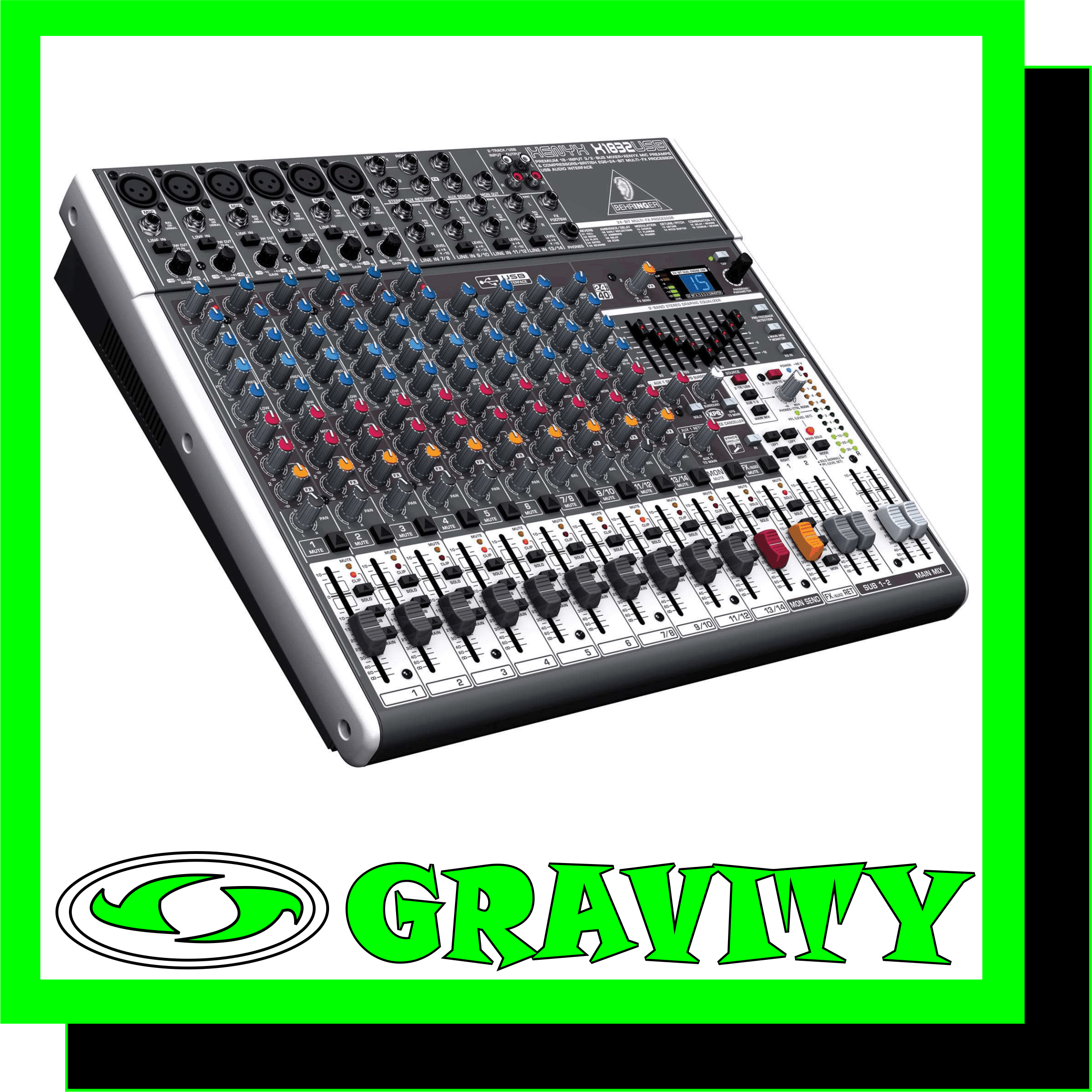 Behringer XENYX X1832USB 18-Input 3/2-Bus Mixer  Product Features: -Premium ultra-low noise, high headroom analog mixer -6 state-of-the-art, phantom-powered XENYX Mic Preamps comparable to stand-alone boutique preamps -6 studio-grade compressors with super-easy “one-knob” functionality and control LED for professional vocal and instrumental sound -Neo-classic “British” 3-band EQs with semi-parametric mid band for warm and musical sound -New studio-grade FX processor with 16 editable presets including reverb, chorus, flanger, delay, pitch shifter, multi-effects, Tap function and storable user parameter   settings -Built-in stereo USB/Audio Interface to connect directly to your computer. Free audio recording, editing and podcasting software plus 150 instrument/effect plug-ins and -ultra-low latency driver downloadable at www.behringer.com -9-band stereo graphic EQ allows precise frequency correction of monitor or main mixes -Revolutionary FBQ Feedback Detection System instantly reveals critical frequencies -Breathtaking XPQ 3D stereo surround effect for more vitality and enhanced stereo image -Voice Canceller function for easy-to-use sing-along applications -Channel inserts on each mono channel for flexible connection of outboard equipment -3 aux sends per channel: 1 pre fader for monitoring, 1 pre/post fader switchable for monitoring/FX applications, 1 post fader (for internal FX or as external send) -Clip LEDs, mute, main mix and subgroup routing switches, solo and PFL functions on all channels -2 subgroups with separate outputs for added routing flexibility and 2 multi-functional stereo aux returns with flexible routing -Balanced main mix outputs with ¼” jack and gold-plated XLR connectors, separate control room, headphones and stereo rec outputs -Control room/phones outputs with multi-input source matrix; rec inputs assignable to main mix or control room/phones outputs -“Planet Earth” switching power supply for maximum flexibility (100 – 240 V~), noise-free audio, superior transient response plus low power consumption for energy saving -High-quality components and exceptionally rugged construction ensure long life -Conceived and designed by BEHRINGER Germany  The feature-packed XENYX X1832USB mixer allows you to effortlessly achieve premium-quality sound thanks to 6 onboard studio-grade XENYX Mic Preamps, and our ultra-musical British channel EQs with a semi-parametric mid band for the maximum fl exibility in sound sculpting. And our easy-to-use one-knob compressors provide total dynamic control for the ultimate in punch and clarity, while respecting all the power and emotion you pack into every note. Add to this our 24-bit, dual-engine Multi-FX processor with 16 editable, professional-grade presets including reverb, chorus, flanger, delay, pitch shifter and multi-effects and the X1832USB becomes an incredibly versatile mixer for your live performances. But XENYX X1832USB wasnt just designed to handle your live gigs; it also provides the state-of-the-art tools you need to make stunning, professional-quality recordings. Along with their built-in USB/audio interfaces, the XENYX X1832USB comes with all the recording and editing software needed to turn your computer system into a complete, high-performance home recording studio.
