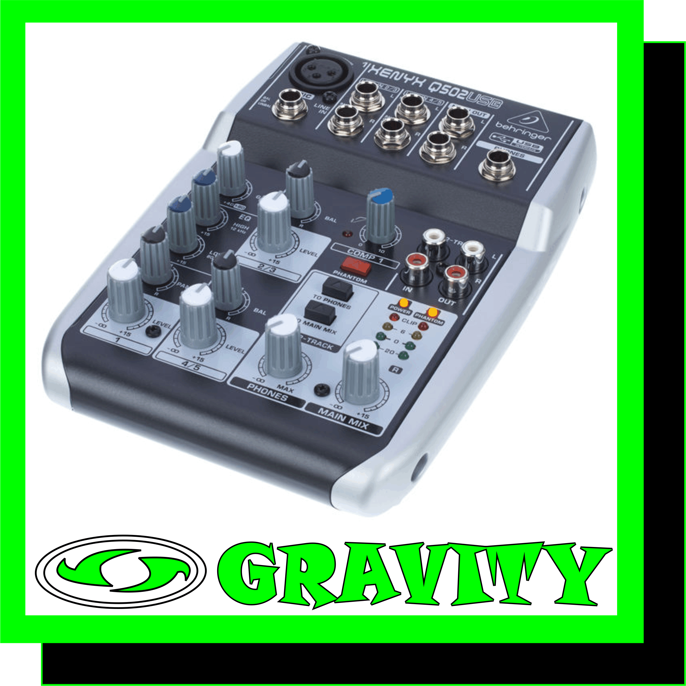 Behringer Xenyx Q502USB  -Premium ultra-low noise, high headroom analog mixer -State-of-the-art, phantom powered XENYX Mic Preamp comparable to stand-alone boutique preamps -Studio-grade compressor with super-easy “one-knob” functionality and control LED for professional vocal and instrumental sound -Built-in stereo USB/Audio Interface to connect directly to your computer. Free audio recording, editing and podcasting software plus 150 instrument/effect plug-ins  downloadable at behringer.com -Neo-classic "British" 2-band EQ for warm and musical sound
