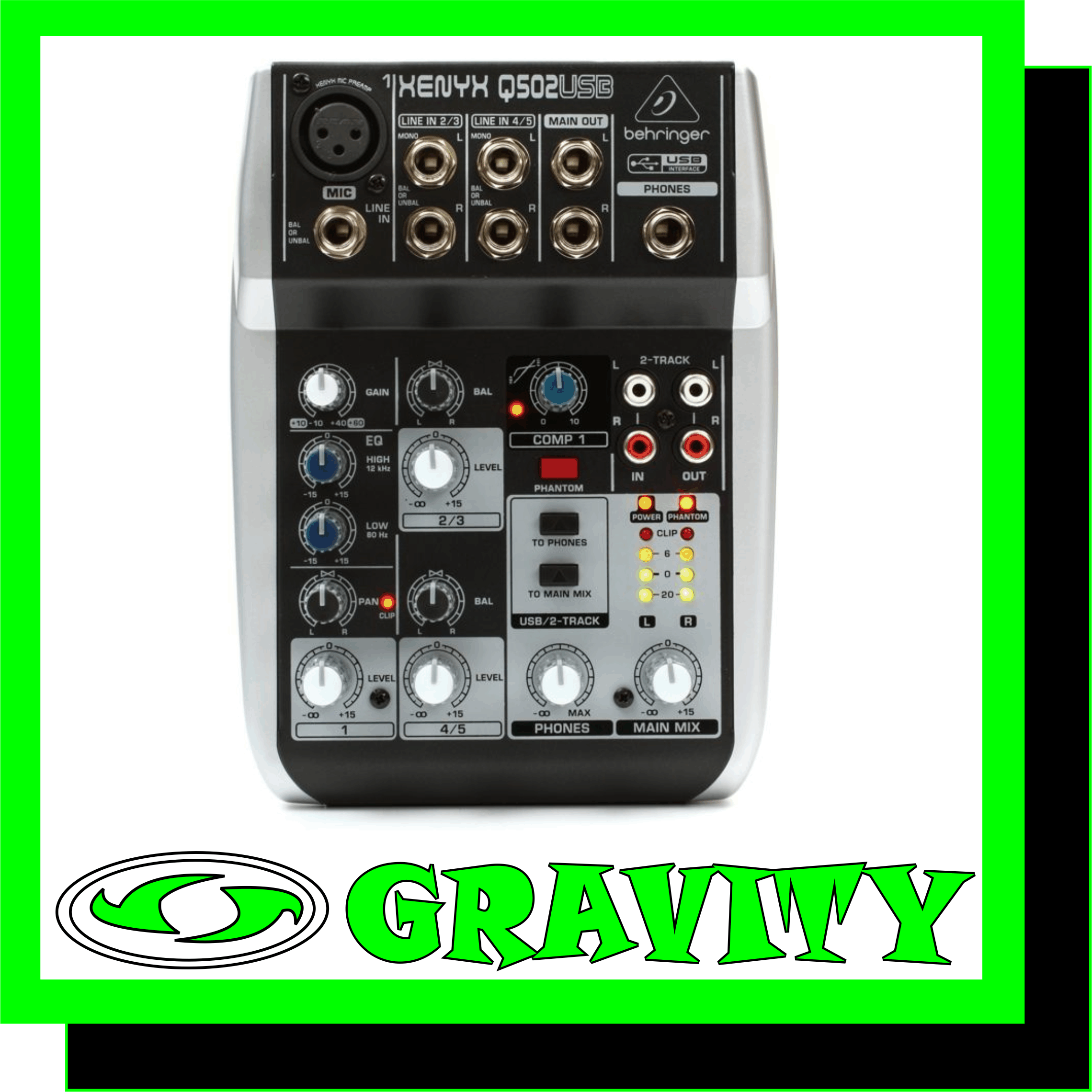 Behringer Xenyx Q502USB  -Premium ultra-low noise, high headroom analog mixer -State-of-the-art, phantom powered XENYX Mic Preamp comparable to stand-alone boutique preamps -Studio-grade compressor with super-easy “one-knob” functionality and control LED for professional vocal and instrumental sound -Built-in stereo USB/Audio Interface to connect directly to your computer. Free audio recording, editing and podcasting software plus 150 instrument/effect plug-ins  downloadable at behringer.com -Neo-classic "British" 2-band EQ for warm and musical sound