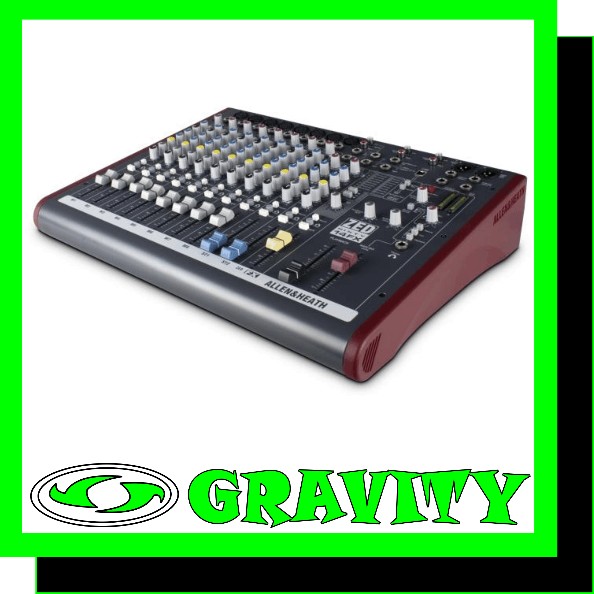 ZED60-14FX   Live or in the studio, ZED60-14FX is a compact, portable mixer that is ideal for small bands.  FEATURE SUMMARY: -8 mic/line inputs, 2 with Class A FET high impedance -60mm professional quality faders -Responsive 3-band, swept mid EQ with MusiQ -Configurable USB stereo audio in/out -1 pre-fade Aux send -1 FX send -2 stereo inputs -Separate 2-track record outputs -16 Internal Effects -XLR main stereo outputs with inserts -Comprehensive monitoring -48V microphone phantom power -DI level switching with Gain Boost -Neutrik XLRs and 1/4 inch jacks  This mixer is a guitarist’s dream. Two of the 8 mono channels have high impedance jack inputs that can take a normal line level or a low level input from a guitar pickup, so guitars can be plugged straight into the mixer without the need for DI boxes. These inputs have been crafted to recreate the sound of a classic tube preamp in a combo or head amp for incredible definition and warmth. Two stereo inputs are provided for MP3/CD players or keyboards.  ZED60-14FX comes with configurable USB audio in/out, making it easy to capture a stereo recording at the gig or in the studio. The mixer is equipped with professional XLR main stereo outputs, a flexible monitoring section with headphone and speaker feed outputs, and 16 stunning FX.  Most important of all, ZED60-14FX lives up to the audio and build quality standards that have made Allen & Heath one of the most trusted names in professional audio for more than 40 years.
