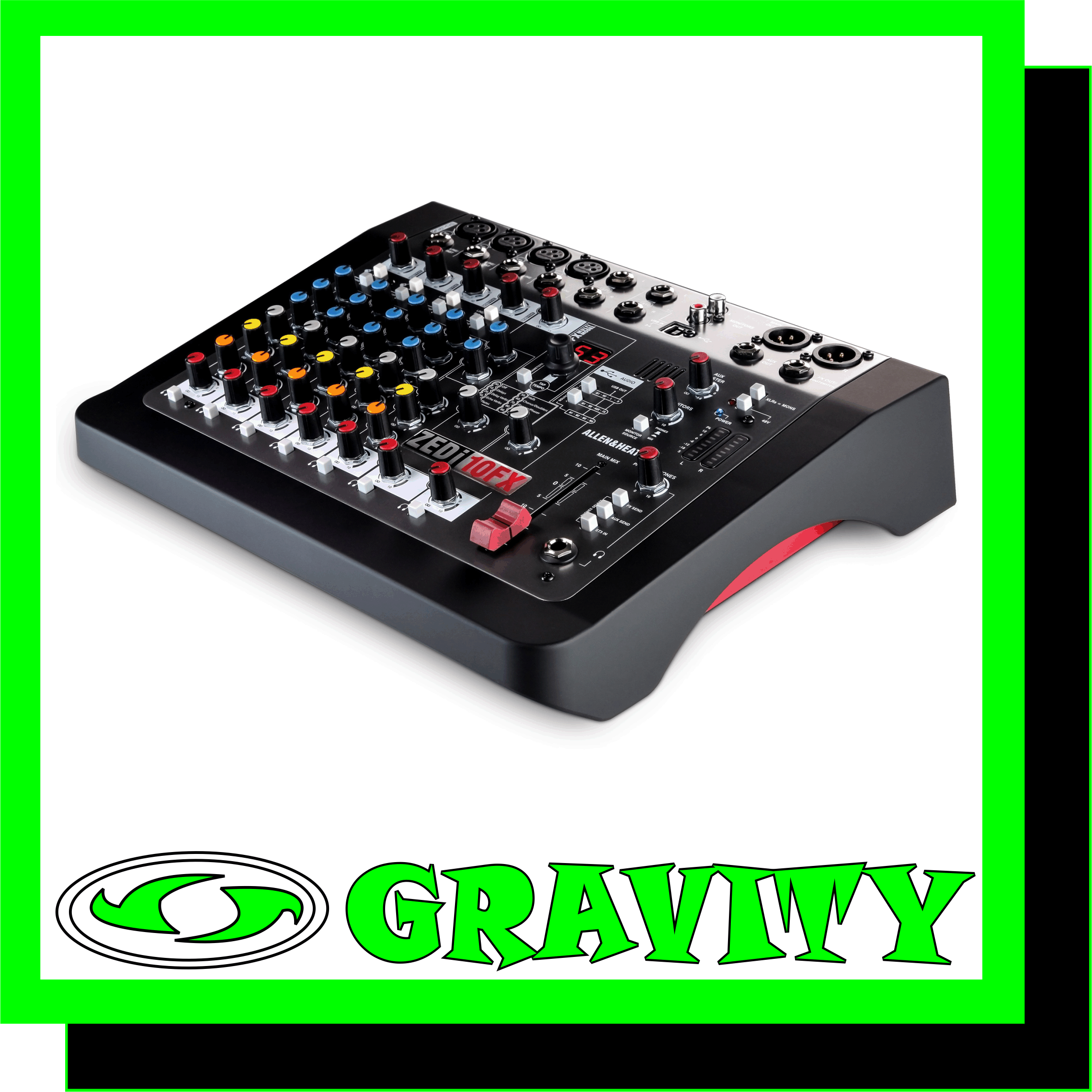 ZEDi-10FX Hybrid compact mixer / 4×4 USB interface with FX  Product Features: -4 in, 4 out USB Audio Interface (24-bit/96kHz) -Cubase LE Software included -Cubasis LE App included -4 Mic / Line Inputs with separate XLR and TRS jack sockets -2 Stereo Inputs with TRS jack sockets -2 Guitar DI high impedance inputs, eliminating the need for DI boxes -Internal FX Engine with Tap Tempo -Lo-cut filter for cleaning up unwanted low frequency noise -3 band EQ for easy creative and corrective tonal shaping -Aux out for connecting a monitor speaker or in-ear / headphone monitoring -60mm smooth travel fader on main mix -XLR main outputs -Flexible signal monitoring -8 LED signal metering -48V Phantom Power for condenser mics -Robust internal power supply  ZEDi-10FX combines the robustness and hands-on control of an analogue mixer with a high quality 4 x 4 USB interface and an outstanding multi-model FX unit, making it a perfect all-round choice for musicians, recording artists and venues. Whether it’s bouncing ideas around at home, performing live or recording tracks to share on YouTube and Soundcloud, ZEDi-10FX is a versatile companion for every step of the creative journey.  The studio quality, 24-bit / 96kHz, 4×4 USB interface makes it easy to capture stunning multitrack recordings direct from the mixer to a Mac or PC without the need for any extra equipment. Featuring the new GSPre boutique preamp design, developed from the revered GS-R24 studio recording console, the ZED boasts exceptionally low noise and massive headroom, with a signature analogue warmth and depth. ZEDi-10FX includes a specially created suite of studio quality reverbs, delays and special multi-model FX, crafted by Allen & Heath’s acclaimed in-house effects aficionados. Guitarists will be pleased to know that two of ZEDi-10FX’s mono channels feature Guitar DI high impedance inputs, allowing guitars to be plugged straight into the mixer without the hassle and expense of carrying separate DI boxes.