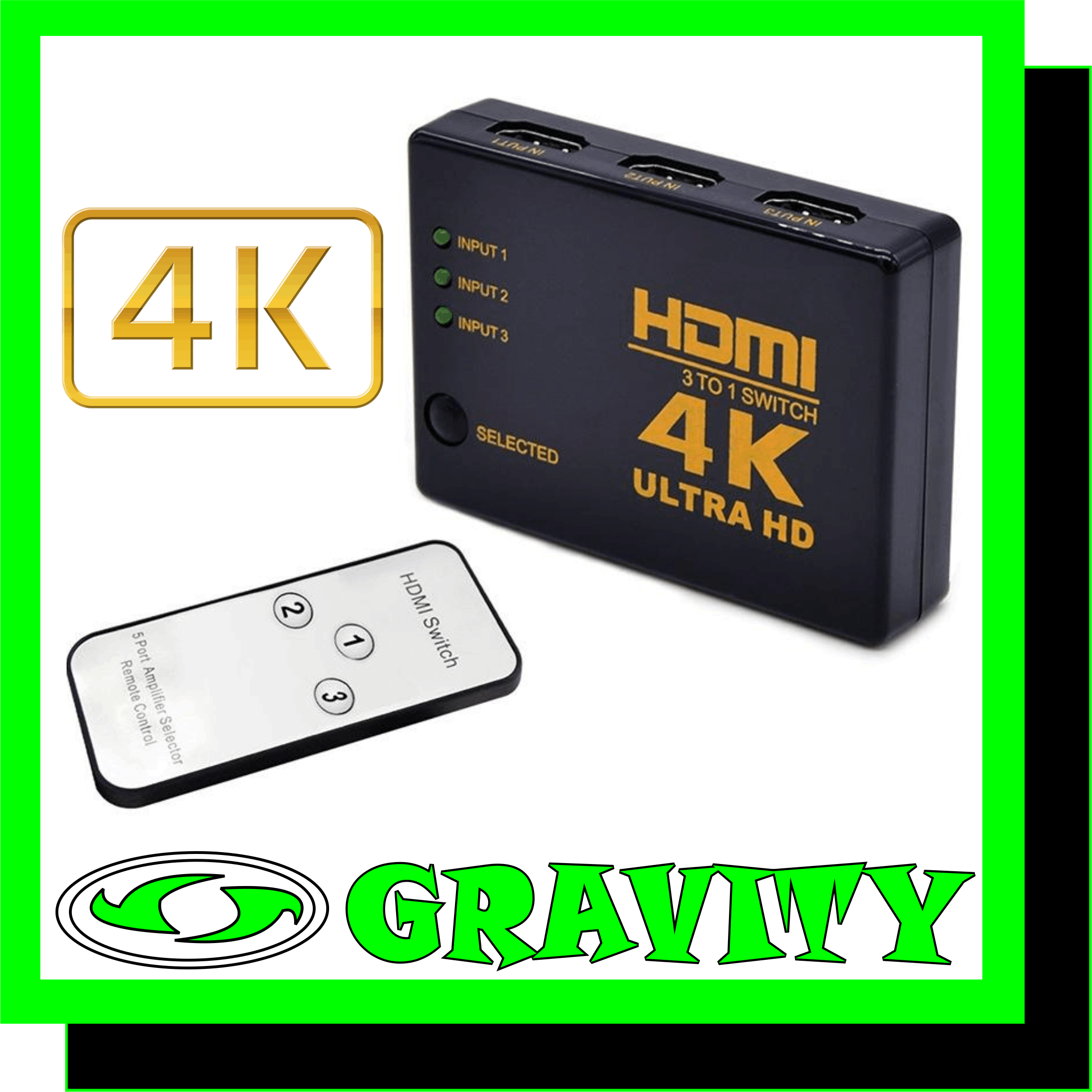 4K*2K 1080p Full HD 3 Port HDMI Switch Switcher 3 IN 1 OUT Hub with Remote Control Splitter Box  This 3 input to 1 output HDMI switcher has the key-press-switching function and has the inteligent function. The 3 input to 1 output HDMI switcher routes high definition 4k*2k video and digital audio from any one of the 3 sources to display unit.