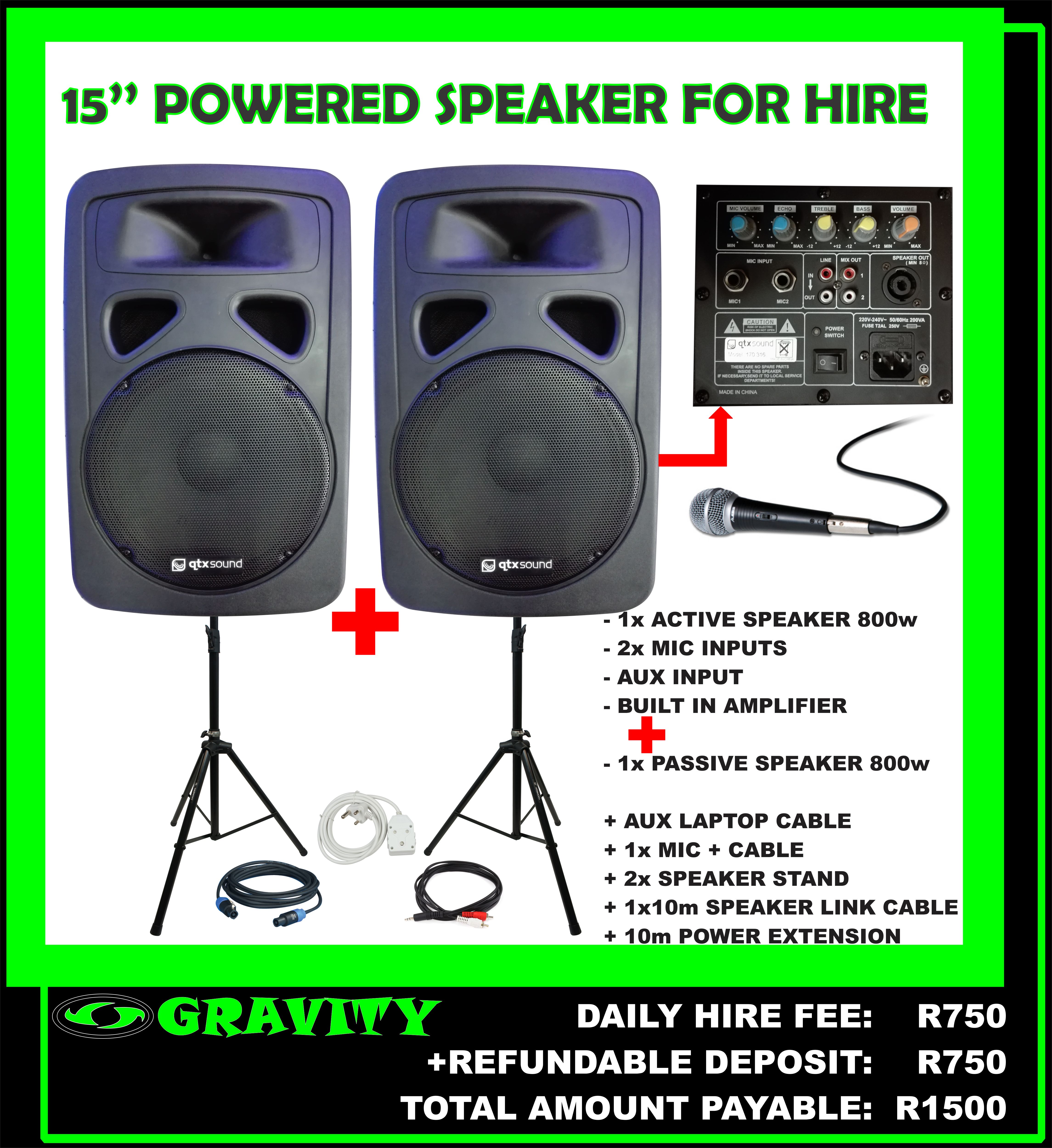 15'' powered speaker combo for hire 1 x powered speaker 1 x passive speaker gravity dj store 0315072463